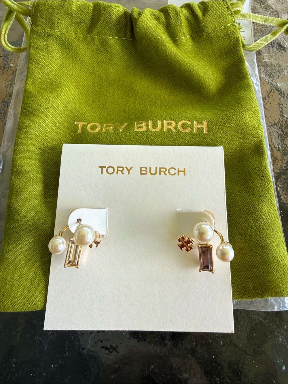 Tory Burch Gold Logo Pearl Front-Back Stud Earrings NWT
